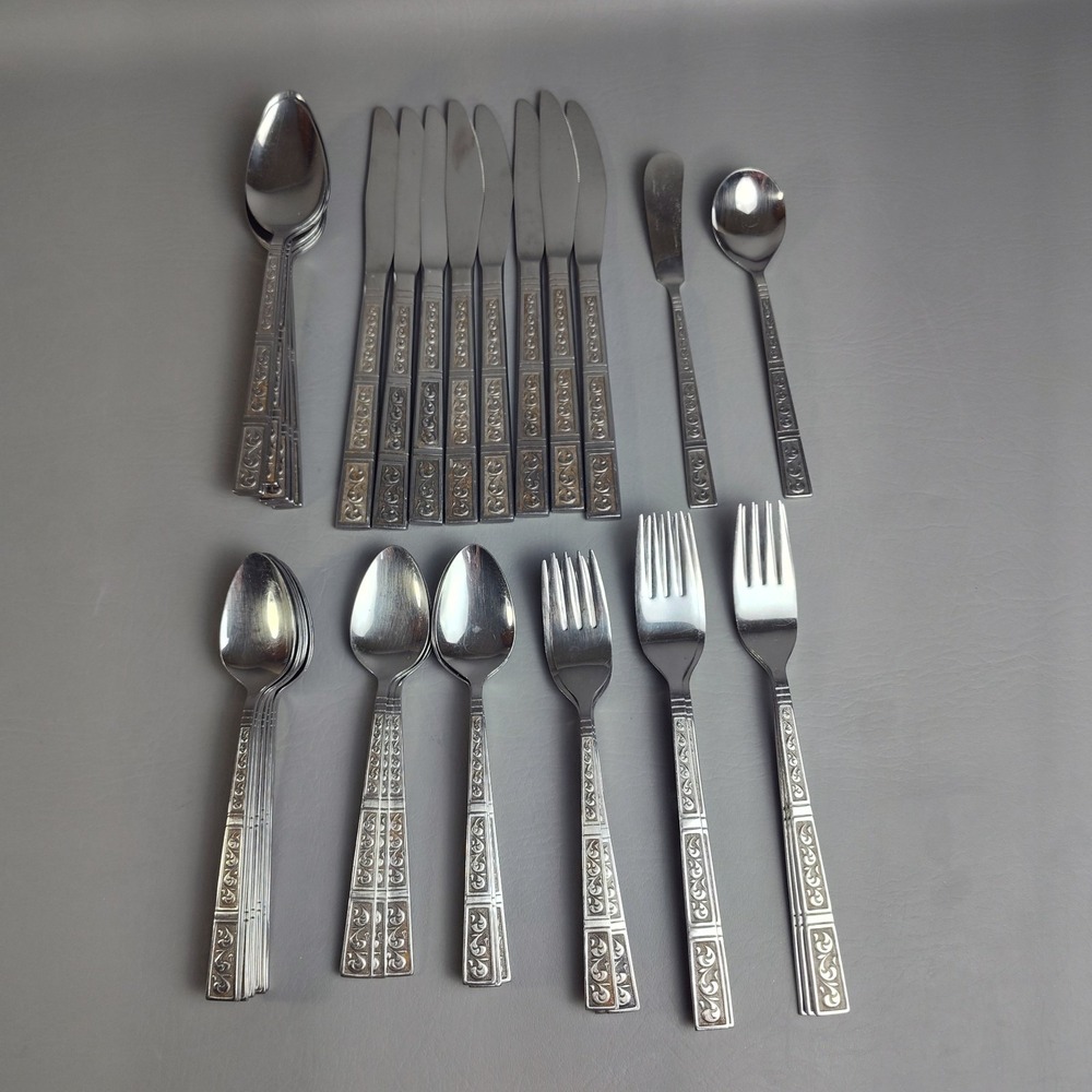 Vintage Riviera RIF4 Stainless Flatware Japan Set Of 43 Scroll Black Textured